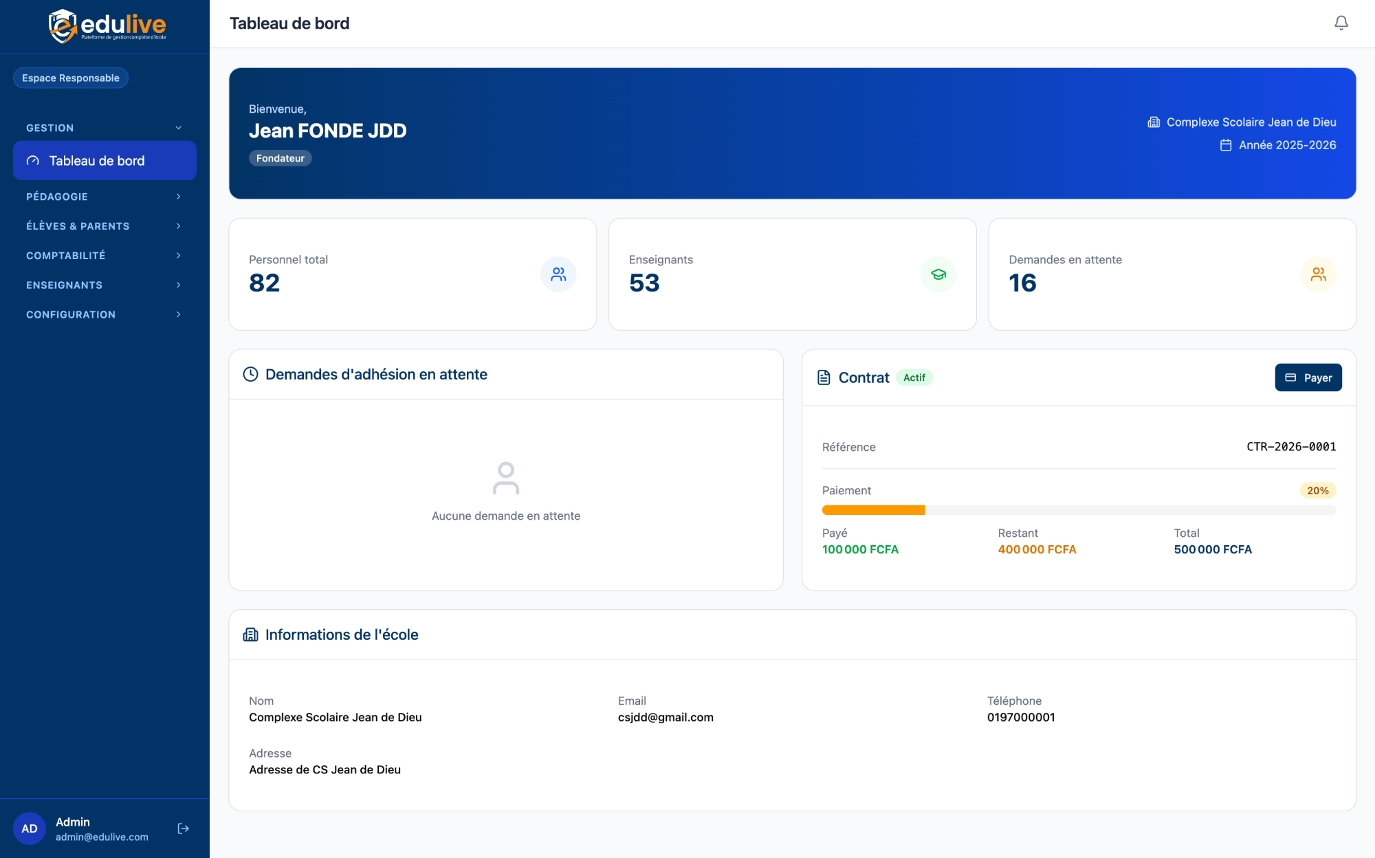 Tableau de bord EduLive